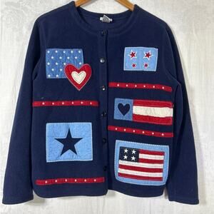 Vintage Fashion Bug Fleece Cardigan XL Navy Blue Patchwork Hearts Stars Flags